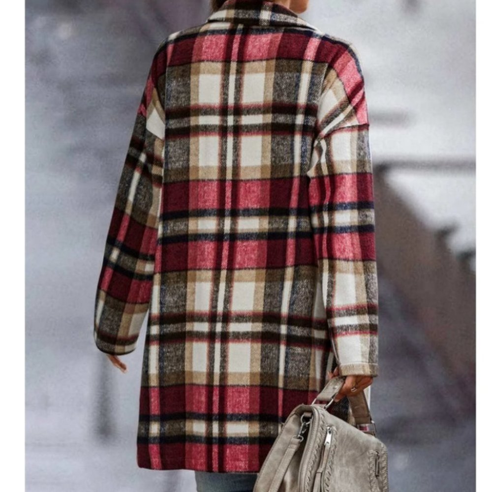 Double Pocket Lapel Neck Plaid print Casual Overcoat Jacket red - Picture 3 of 6